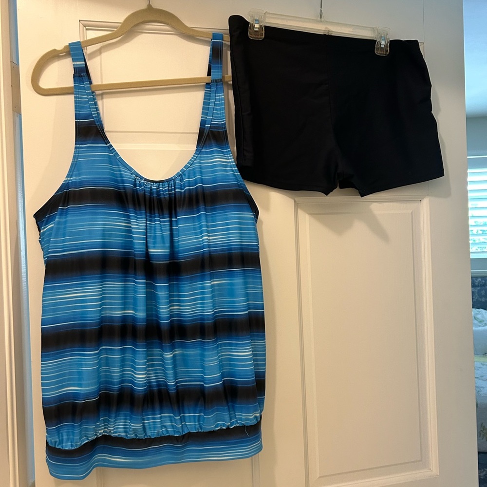 Tankini plus size 18W striped swimsuits blue, black, white two-piece swimwear